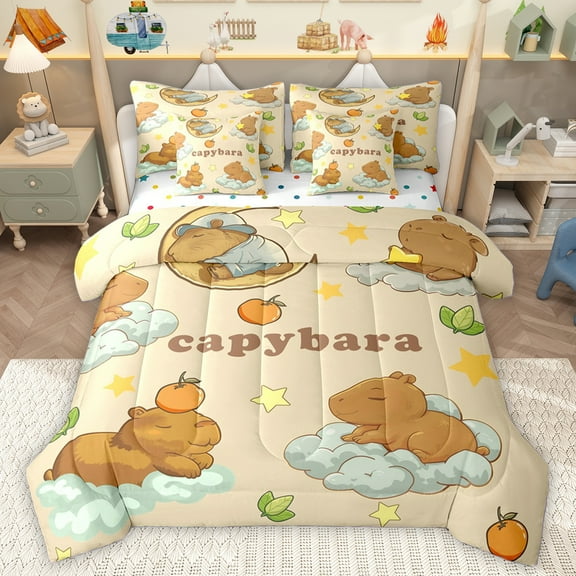 Homewish Cute Cartoon Capybara 7-Piece Twin Bedding Sets,Kawaii Stars Pattern Bedding Comforter Set,Brown Beige Sheet Sets For Boys Girls,Breathable Home Decor Reversible