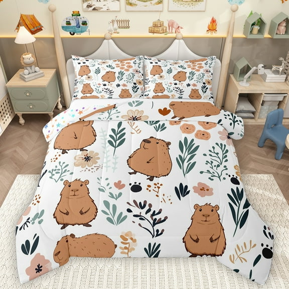 Homewish Cute Cartoon Capybara Bedding Comforter Set,Country Farmhouse Lodge Twin Comforter Sets,Brown White Bedding Set For Boys Kids,Ultra Soft Home Decor Reversible,2 Pieces