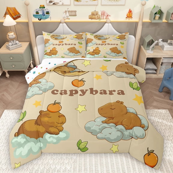 Homewish Cute Cartoon Capybara Bedding Comforter Set,Kawaii Stars Pattern Twin Comforter Sets,Brown Beige Bedding Set For Boys Girls,Breathable Home Decor Reversible,2-Piece