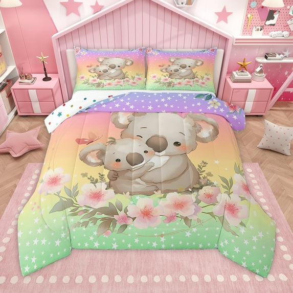 Homewish Cute Cartoon Capybara Twin Comforter Set,Pink Floral Ombre,Ultra Soft Reversible Decor For Kids,2-Piece