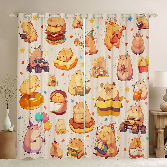 Homewish Cute Cartoon Capybara Black Out Curtains,Colorful Stars Print Curtains Pack of 2 (42x63 Each),Kawaii Animal Kapibara Bedroom Curtains For Gitls Boys,Luxury Bedroom Decor