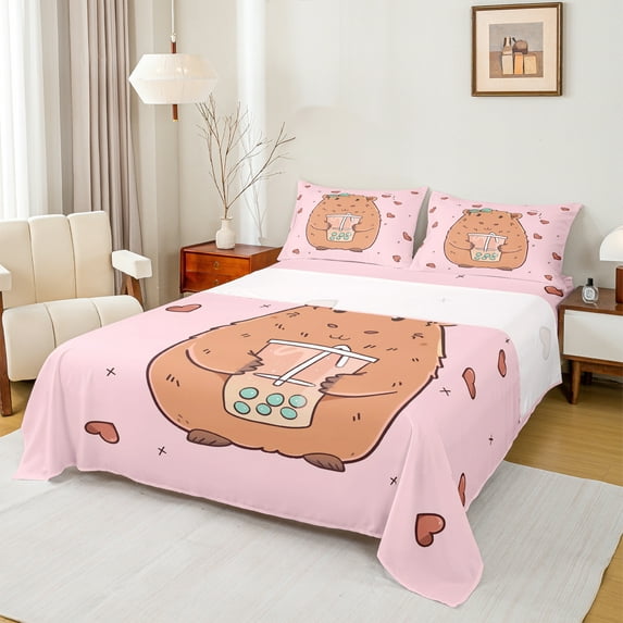 Homewish Cute Cartoon Capybara Full Size Sheets,Capybara Loves Bed Sheets,Pink Brown Sheet Sets For Girls Kids,Breathable Home Decor,4pcs