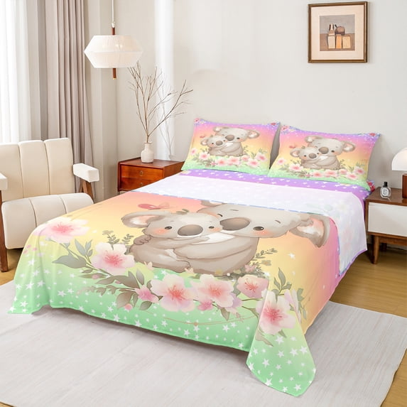 Homewish Cute Cartoon Capybara Full Size Sheets,Pink Flower Floral Bed Sheets,Green Yellow Orange Ombre Sheet Sets For Girls Kids,Ultra Soft Home Decor,4 Pieces