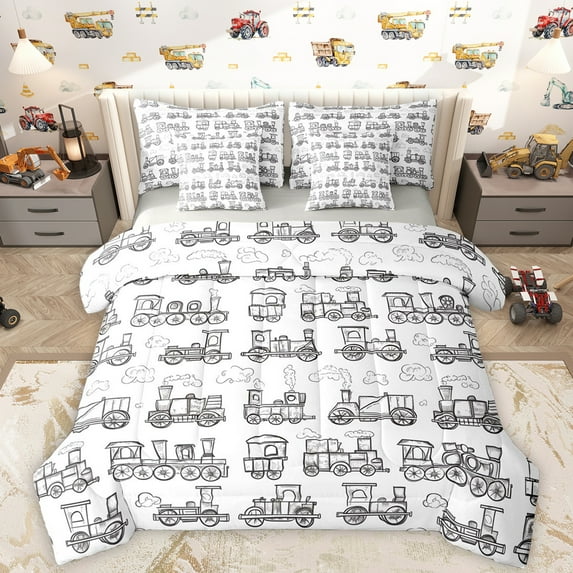 Homewish Cute Cartoon Car 7pcs Bedding Comforter Set,Toy Car Queen Bedding Sets,Gray White Queen Sheet Sets For Boys Kids,Ultra Soft Home Decor Reversible