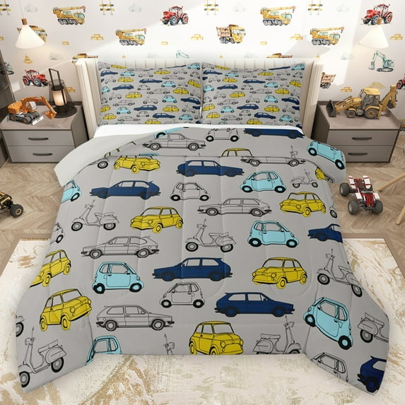 Homewish Cute Cartoon Car Full Size Comforter Sets,Toy Car Bedding Comforter Set,Blue Yellow Gray Bedding Sets For Boys Kids,Ultra Soft Home Decor Reversible,3-Piece