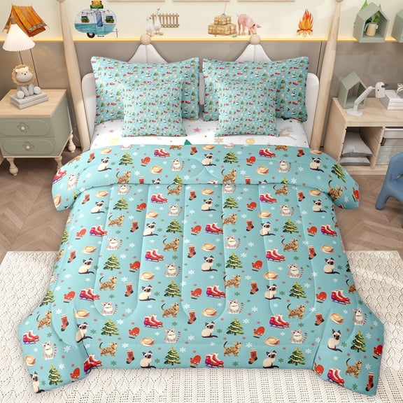 Homewish Cute Cartoon Cat 7-Piece Bedding Comforter Set,Merry Christmas King Bedding Sets,Cyan Red Bed Sheets For Teens,Ultra Soft Home Decor Reversible