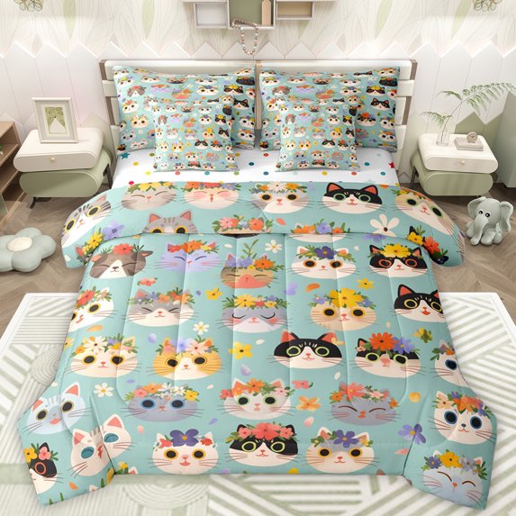 Homewish Cute Cartoon Cat 7-Piece Twin Bedding Sets,Colorful Flower Blossom Bedding Comforter Set,Colorful Kawaii Kitten Sheet Sets For Girls,Breathable Home Decor Reversible