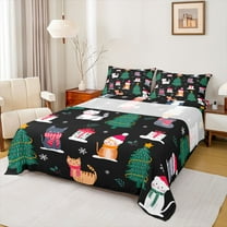 Homewish Cute Cartoon Cat Twin Sheet Sets,Merry Christmas Twin Fitted Sheet,Xmas Gifts Tree Flat Sheet For Girl Boy,Breathable Home Decor,3pcs