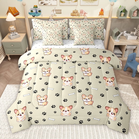 Homewish Cute Cartoon Corgi 7-Piece Twin Bedding Sets,Kawaii Puppy Dogs Bedding Comforter Set,Beige Black Sheet Sets For Girl Boys,Ultra Soft Room Decor Reversible