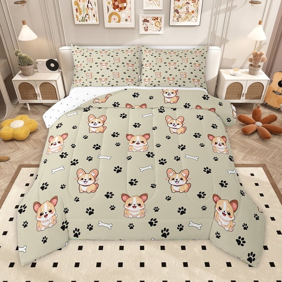 Homewish Cute Cartoon Corgi Bedding Comforter Set,Kawaii Puppy Dogs Twin Comforter Sets,Beige Black Bedding Set For Girl Boys,Ultra Soft Room Decor Reversible,2pcs