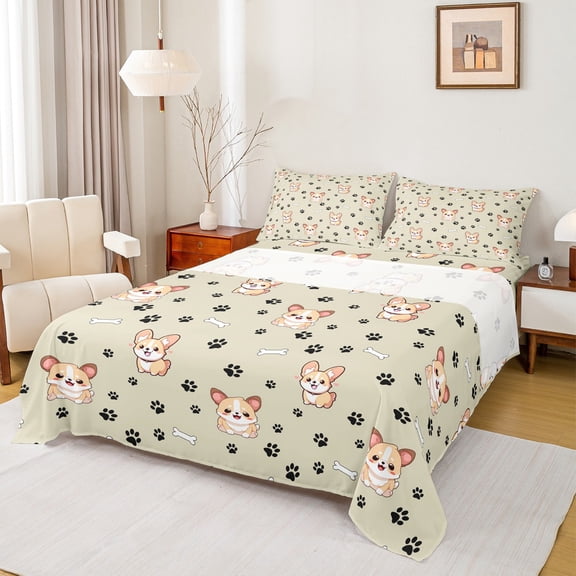 Homewish Cute Cartoon Corgi Full Size Sheets,Kawaii Puppy Dogs Bed Sheets,Beige Black Sheet Sets For Girl Boys,Ultra Soft Room Decor,4-Piece