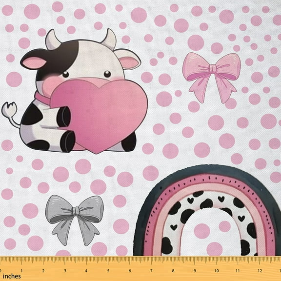 Homewish Cute Cartoon Cow Fabric by the Yard 1 Yard for Kids, Kawaii Princess Bowknot Room Decor Fabric by the Yard, Pink Love Heart Sewing Fabric, Breathable Home Decor