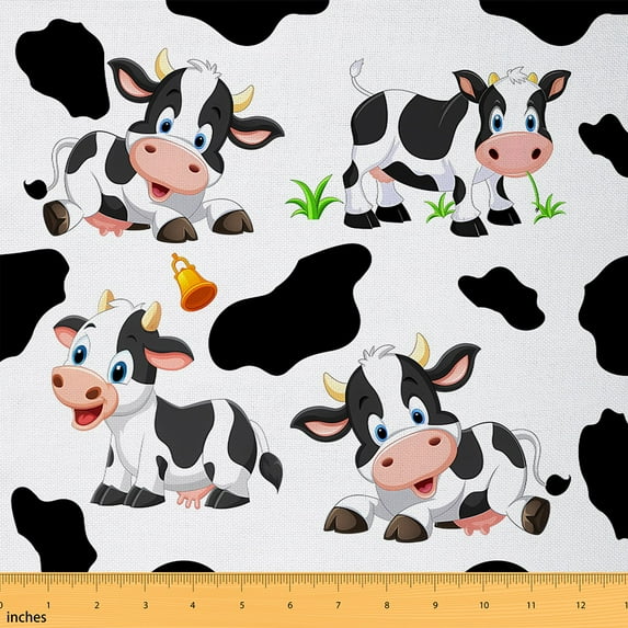 Homewish Cute Cartoon Cow Fabric by the Yard 1 Yard,Rustic Farmhouse Cabin Home Decor Fabric by the Yard,Kawaii Farm Cattle Sewing Fabric For Boys Girls,Microfiber Bedroom Decor