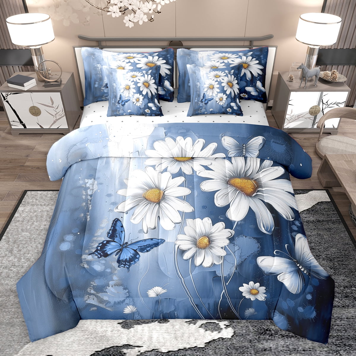 Homewish Cute Cartoon Daisy 7-Piece Bedding Comforter Set,Rustic Flower Butterfly King Bedding Sets,Blue White Bed Sheets For Girls Kids,Microfiber Bedroom Decor Reversible