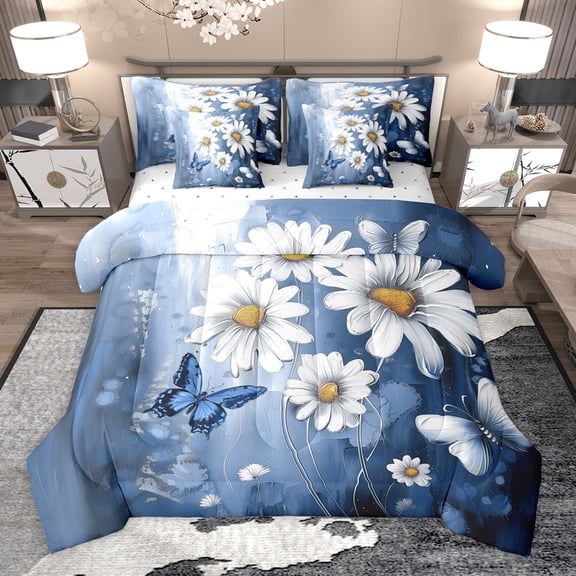 Homewish Cute Cartoon Daisy 7-Piece Bedding Comforter Set,Rustic Flower Butterfly King Bedding Sets,Blue White Bed Sheets For Girls Kids,Microfiber Bedroom Decor Reversible
