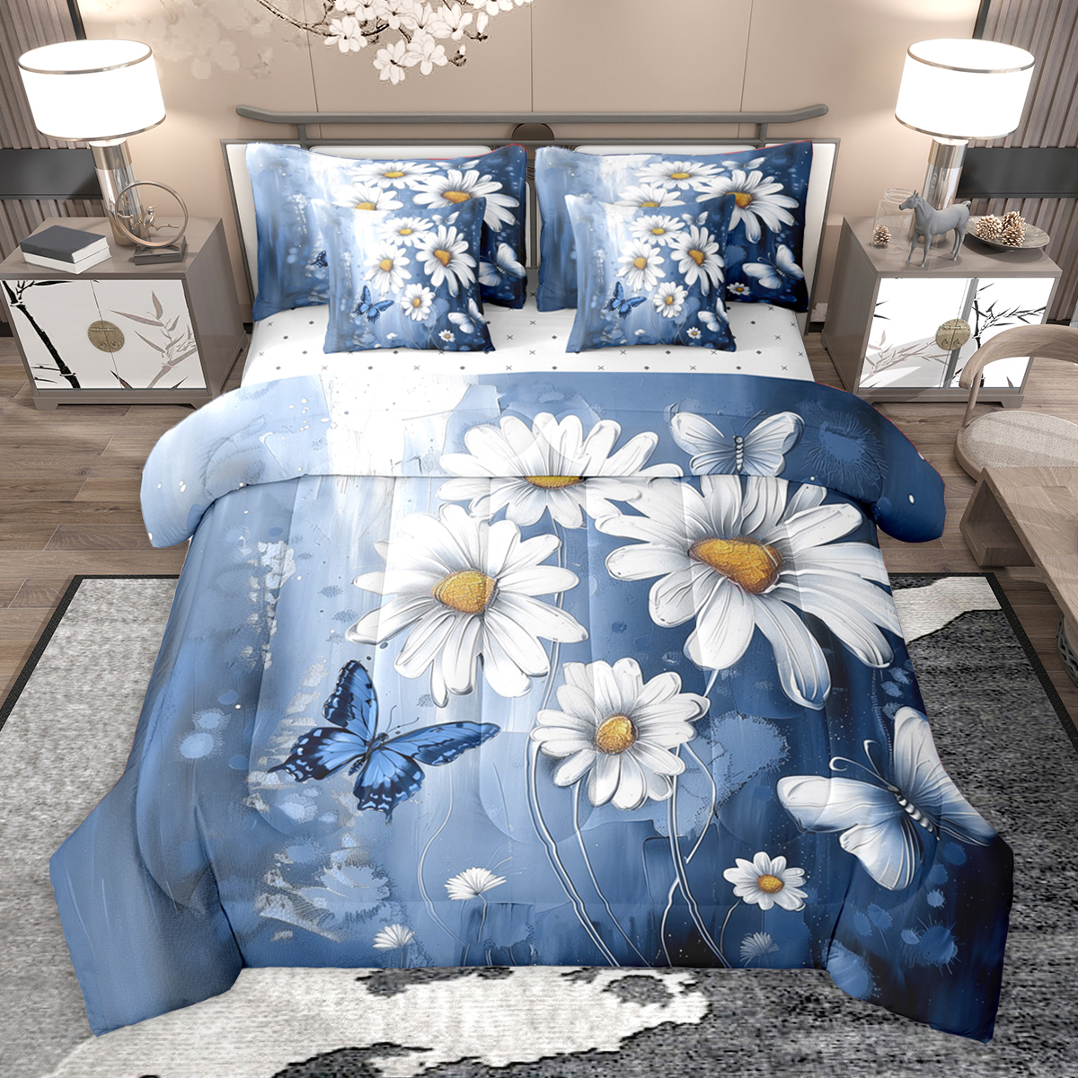 Homewish Cute Cartoon Daisy 7 Pieces Bedding Comforter Set,Rustic Flower Butterfly Full Bedding Set,Blue White Fitted Sheet Flat Sheet For Girls Kids,Microfiber Bedroom Decor Reversible