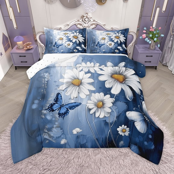 Homewish Cute Cartoon Daisy Bedding Comforter Set,Rustic Flower Butterfly Twin Comforter Sets,Blue White Bedding Set For Girls Kids,Microfiber Bedroom Decor Reversible,2pcs