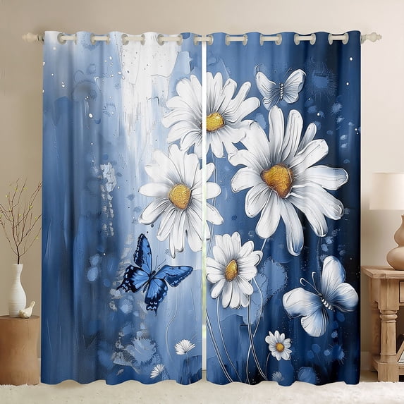 Homewish Cute Cartoon Daisy Black Out Curtains,Rustic Flower Butterfly Curtains Pack of 2 (42x63 Each),Blue White Bedroom Curtains For Girls Kids,Microfiber Bedroom Decor