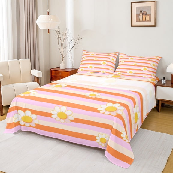 Homewish Cute Cartoon Daisy Twin Sheet Sets,Kawaii Flower Floral Twin Fitted Sheet,Pink Orange Striped 03 For Girls,Luxury Bedroom Decor,3-Piece