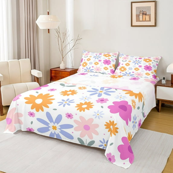 Homewish Cute Cartoon Daisy Twin Sheet Sets,Kawaii Flower Floral Twin Fitted Sheet,White Pink Orange 03 For Girls,Luxury Bedroom Decor,3 Pieces