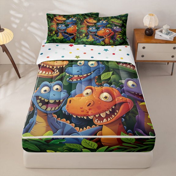 Homewish Cute Cartoon Dino Family Zipper Twin Comforter Sets with Fitted Sheet and 2 Pillowcases,Green Jungle Wildlife Zipper Bedding Set,Polkadot Reversible,4pcs