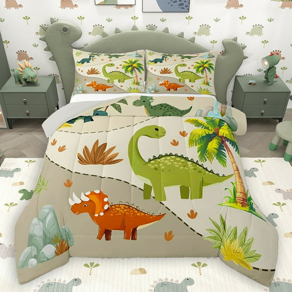 Homewish Cute Cartoon Dinosaur Queen Comforter Set for Kids, Funny Jungle Animal Bedding Sets, Coconut Tree Botanical Reversible Bedding Comforter Set, Microfiber Bedroom Decor, 3-Piece