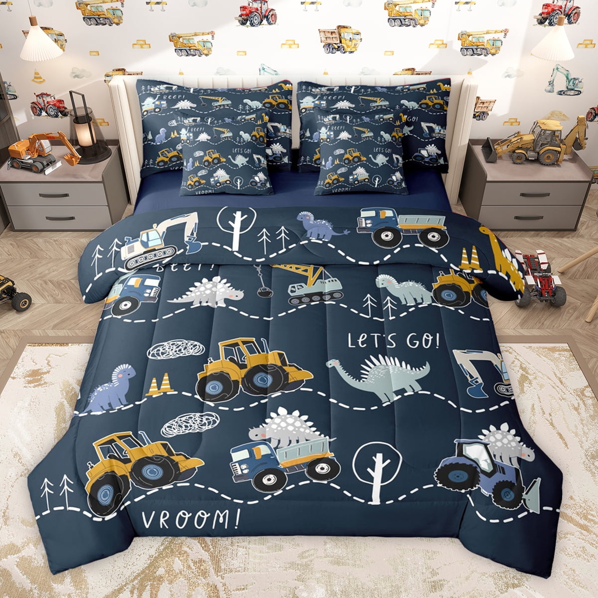 Homewish Cute Cartoon Dinosaur 7pcs Bedding Comforter Set,Cartoon Truck Queen Bedding Sets,Deepblue Gray Yellow Queen Sheet Sets For Teens Kid,Luxury Bedroom Decor Reversible