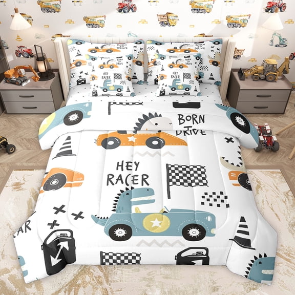 Homewish Cute Cartoon Dinsaur 7pcs Bedding Comforter Set,Toy Race Car Queen Bedding Sets,White Black Blue Queen Sheet Sets For Boys Kids,Ultra Soft Home Decor Reversible