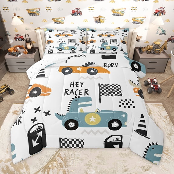 Homewish Cute Dinosaur Twin Comforter Set (2-Piece) Toy Race Car White Black Blue Ultra Soft Reversible Decor For Boys