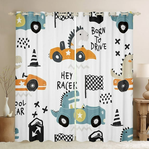 Homewish Cute Cartoon Dinosaur Blackout Curtains Set of 2 (52x84 Each),Toy Race Car Window Curtains,White Black Blue Curtains and Drapes For Boys Kids,Ultra Soft Home Decor