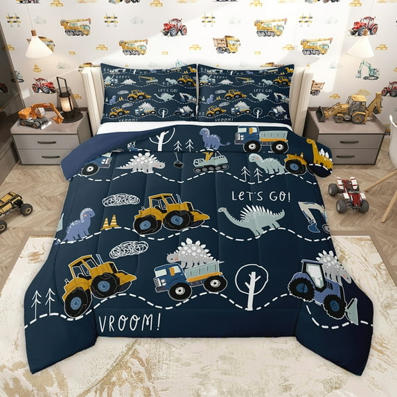 Homewish Cute Cartoon Dinosaur Full Size Comforter Sets,Cartoon Truck Bedding Comforter Set,Deepblue Gray Yellow Bedding Sets For Teens Kid,Luxury Bedroom Decor Reversible,3pcs