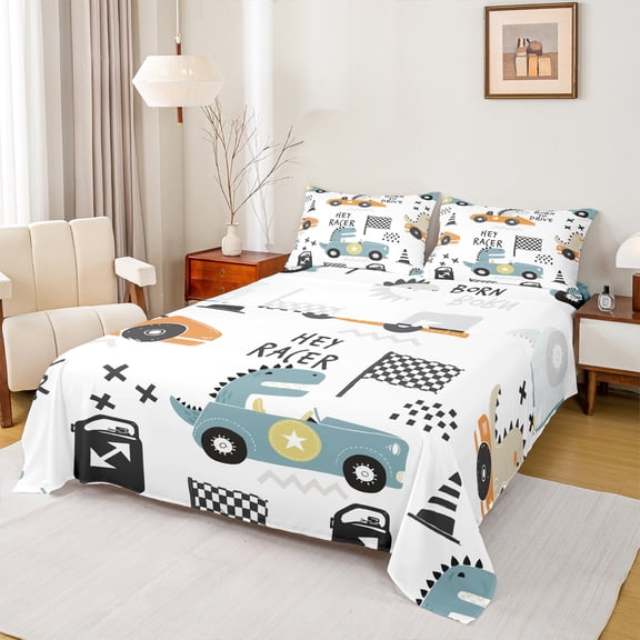 Homewish Cute Cartoon Dinosaur Full Size Sheets,Toy Race Car Bed Sheets,White Black Blue Sheet Sets For Boys Kids,Ultra Soft Home Decor,4-Piece