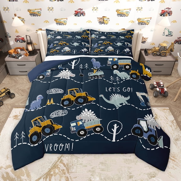 Homewish Cute Cartoon Dinosaur Queen Comforter Set,Cartoon Truck Bedding Sets,Deepblue Gray Yellow Bedding Comforter Set For Teens Kid,Luxury Bedroom Decor Reversible,3-Piece