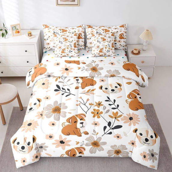 Homewish Cute Cartoon Dog 7 Pieces Full Size Bedding Sets,Daisy Flower Full Size Bed in a Bag,White,Polkadot Reversible