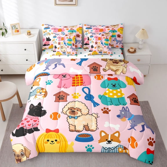 Homewish Cute Cartoon Dog 7 Pieces Full Size Bedding Sets,Kawaii Corgi Pug Full Size Bed in a Bag,Pink,Polkadot Reversible