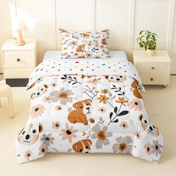 Homewish Cute Cartoon Dog Twin Comforter Sets,Daisy Flower Bedding Set,White,Polkadot Reversible,2 Pieces,1 Comforter and 1 Pillowcase