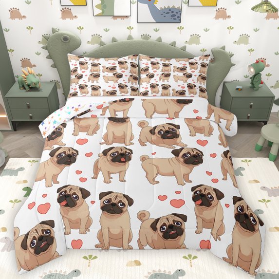 Homewish Cute Cartoon Dogs Bedding Comforter Set,Kawaii Loves Pattern Twin Comforter Sets,Pink White Brown Bedding Set For Boys Girls,Microfiber Bedroom Decor Reversible,2-Piece