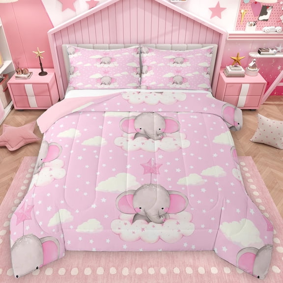 Homewish Cute Cartoon Elephant Bedding Comforter Set,Zoo Animal Twin Comforter Sets,Kawaii Stars Print Bedding Set For Girl,Ultra Soft Home Decor Reversible,2pcs