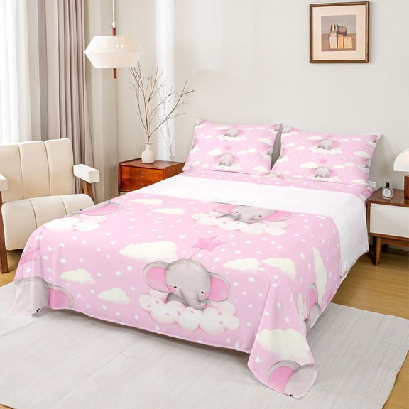 Homewish Cute Cartoon Elephant Full Size Sheets,Zoo Animal Bed Sheets,Kawaii Stars Print Sheet Sets For Girl,Ultra Soft Home Decor,4-Piece