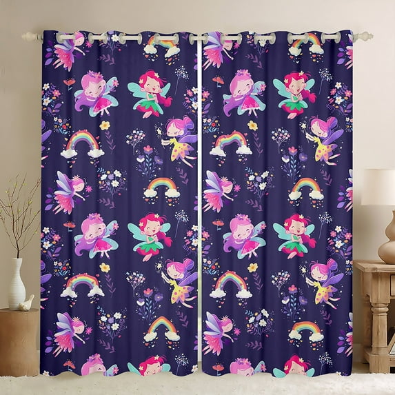 Homewish Cute Cartoon Elf Curtains Pack of 2 (42x84 Each),Colorful Rainbow Curtains Blackout,Multicolor Kawaii Flower Floral Bedroom Curtains For Girls Teens,Super Cozy Room Decor
