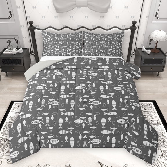 Homewish Cute Cartoon Fish Bedding Comforter Set,Fishing And Hunting Twin Comforter Sets,Gray White Bedding Set For Boys Kids,Ultra Soft Home Decor Reversible,2-Piece