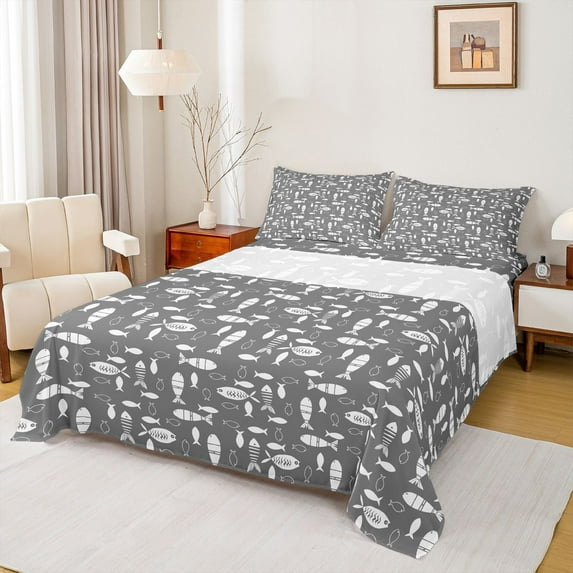 Homewish Cute Cartoon Fish Full Size Sheets,Fishing And Hunting Bed Sheets,Gray White Sheet Sets For Boys Kids,Ultra Soft Home Decor,4 Pieces