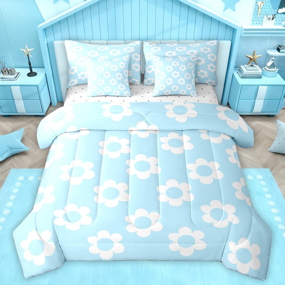 Homewish Cute Cartoon Floral 7-Piece Twin Bedding Sets,Abstract Daisy Blossom Bedding Comforter Set,Blue White Sheet Sets For Kids,Super Cozy Room Decor Reversible