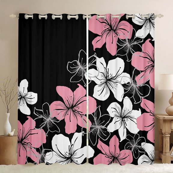Homewish Cute Cartoon Floral Black Out Curtains,Country Natural Plant Curtains Pack of 2 (42x63 Each),Pink Black White Bedroom Curtains For Adult,Super Cozy Room Decor