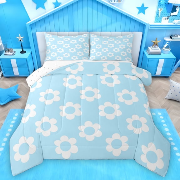 Homewish Cute Cartoon Floral Full Size Comforter Sets,Abstract Daisy Blossom Bedding Comforter Set,Blue White Bedding Sets For Kids,Super Cozy Room Decor Reversible,3 Pieces