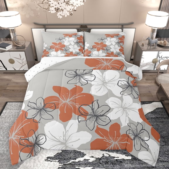 Homewish Cute Cartoon Floral Queen Comforter Set,Country Natural Plant Bedding Sets,Orange White Gray Bedding Comforter Set For Adult,Super Cozy Room Decor Reversible,3pcs