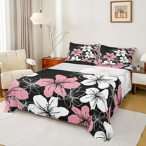 Homewish Cute Cartoon Floral Twin Sheet Sets,Country Natural Plant Twin Fitted Sheet,Pink Black White Flat Sheet For Adult,Super Cozy Room Decor,3pcs