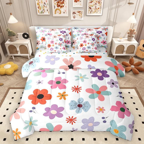 Homewish Cute Cartoon Flower 7-Piece Twin Bedding Sets,Colorful Daisy Bedding Comforter Set,White Red Pink Sheet Sets For Girls,Ultra Soft Home Decor Reversible