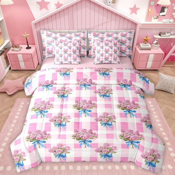 Homewish Cute Cartoon Flower 7 Pieces Bedding Comforter Set,Classic Geometric Checkered Full Bedding Set,Pink Rose Blue Bowtie Ribbon Fitted Sheet Flat Sheet For Girl,Super Cozy Room Decor Reversible