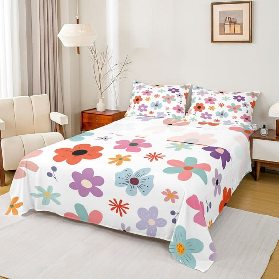 Homewish Cute Cartoon Flower Bed Sheets,Colorful Daisy King Sheets,White Red Pink Sheet Set For Girls,Ultra Soft Home Decor,4 Pieces
